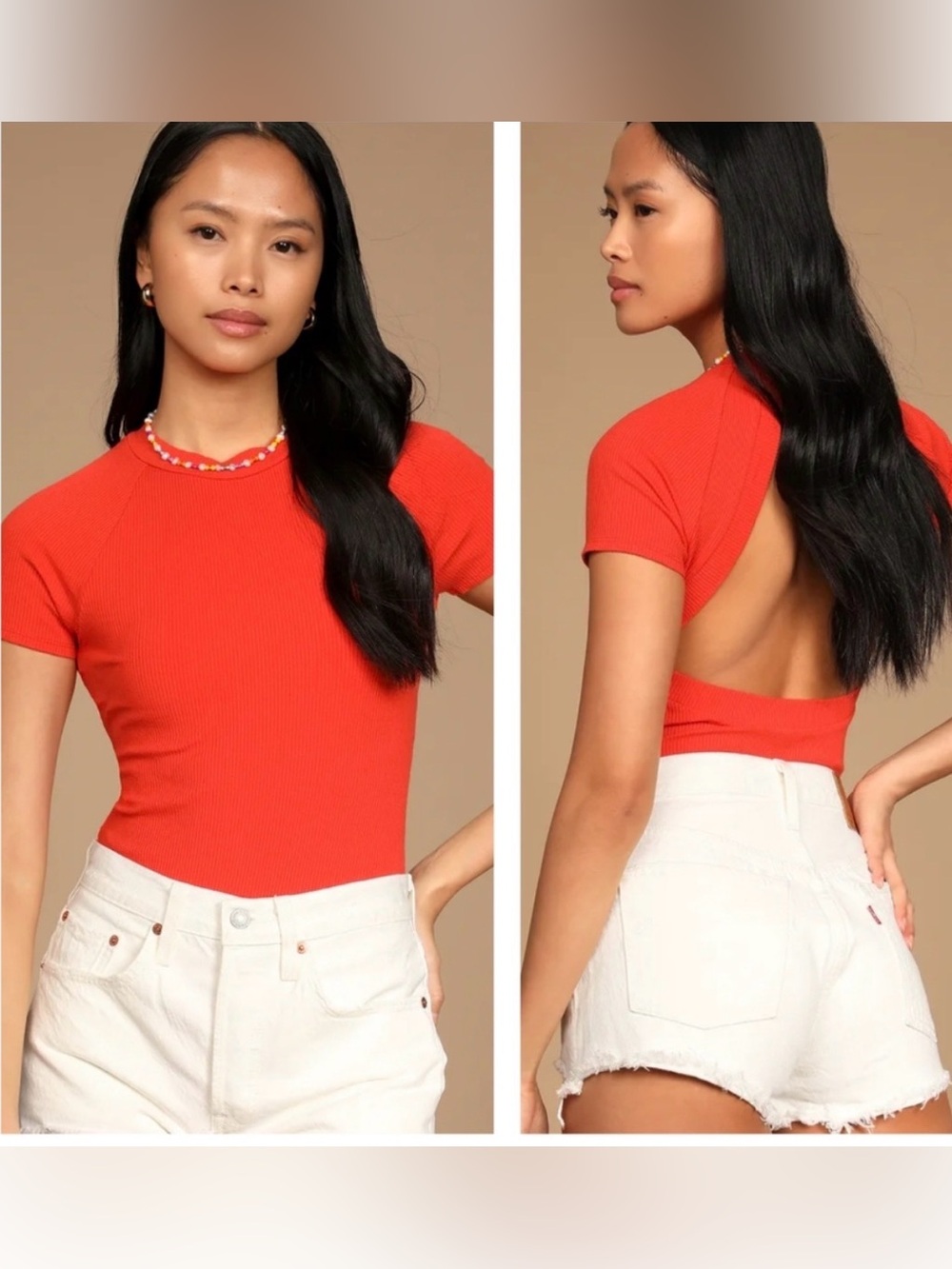 Lulu's Bright Orange/Red Ribbed Short Sleeve Open-Back Bodysuit